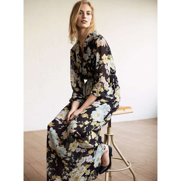 NEW H&M Black Multicolor Floral Ruffle Tassel V-neck Long Sleeve Maxi Dress Sz 2 - Picture 2 of 7